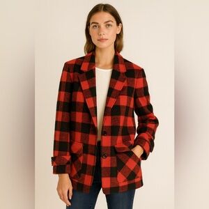 Vintage Wool Blazer Heavy weight Buffalo Plaid Black Red Lined Oversized S M‌
